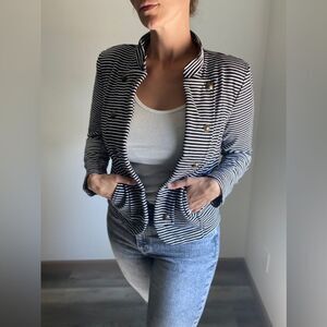 Tommy Hilfiger Stripe Puff Sleeve Jacket Large With Pockets Navy